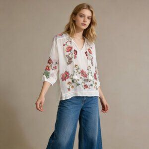 NWOT Johnny Was Embroidered Floral V-Neck Tassel Shirt Blouse Sz S